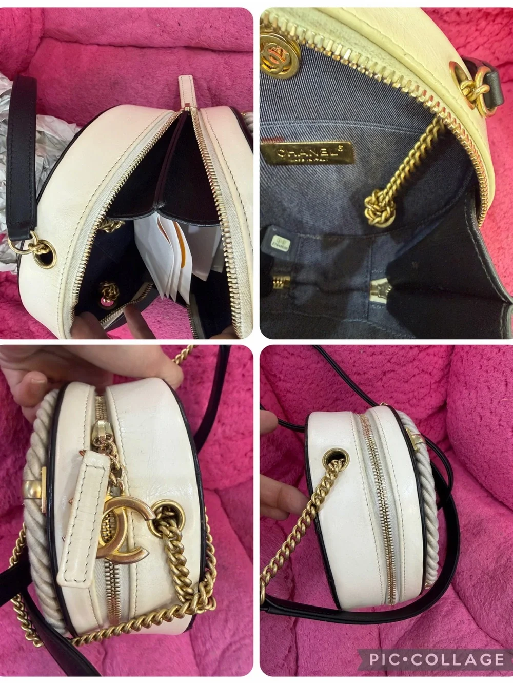 CHANEL Black Round Leather Crossbody with Cream Rope and Gold Hardware